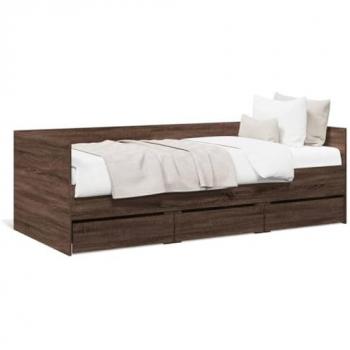 Sofá cama con cajones sin colchón 100x200cm, color roble marrón, fabricado en madera de ingeniería, incluye almacenamiento y es ideal para salón o dormitorio
