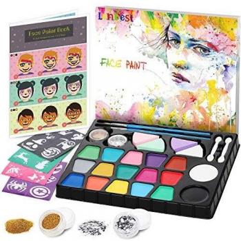 lenbest Set de Pintura Cara Infantil , Pintura Facial 17 Colores, Mayor Capacidad Blanco y Negro, con 1 Folleto Tutorial Pintado, 28 Plantillas y 4 Pinceles, 2 Brillos, para Fiestas/Carnaval/Halloween