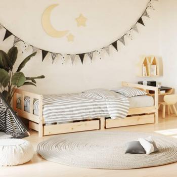 Cama infantil de madera maciza de pino con cajones 90x190 cm, color marrón