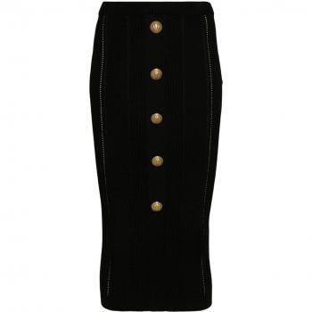 Balmain Women's Buttoned Knitted Midi Pencil Skirt in Black | Size 36