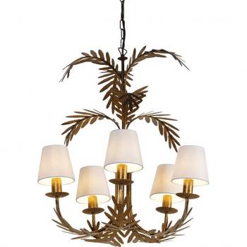 Lámpara de araña Art Déco dorada con 5 pantallas blancas, acero y lino orgánico, adecuada para LED, máxima potencia 5 x 40 Watt