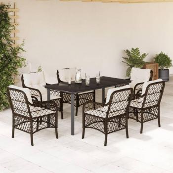 7-Piece Brown Poly Rattan Garden Dining Set with Cushions