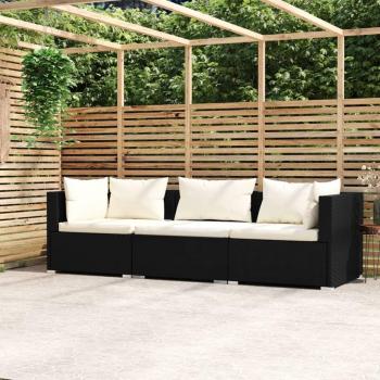 3-Seater Black Poly Rattan Sofa with Cushions