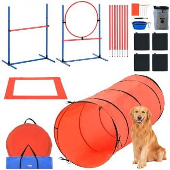 VEVOR Adjustable Dog Agility Training Set - 5 Piece Obstacle Course with High Hurdles, Weave Poles, Tunnel, Jump Ring, Pause Box, and Whistle