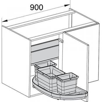 Ronin Furniture Fittings® Ninka eins2slide Juego completo para separación de basura basura Colección en esquina de armarios para cuerpo ancho 900 - Cuerpo Lateral 16 mm - Puerta ancho 450 - Cubo Altura 311 mm - blindteil Derecho, ni.12s.45rc1