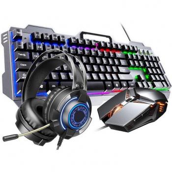 Kit de Teclado y Ratón Gaming RGB con Auriculares, Teclado Mecánico Silencioso y Ratón 3200DPI