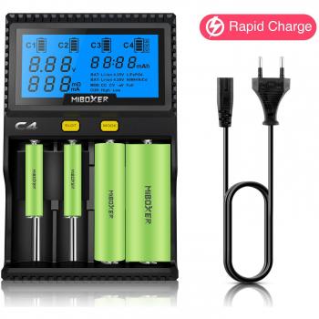 Miboxer 18650 Cargador de batería ES Universal 4 ranuras Pantalla LCD Automático Inteligente Cargador rápido simultáneamente para Li-ion / IMR / INR / ICR / Ni-MH / Ni-Cd / RCR123 Ecig Vape Starter Kit Cargador de batería