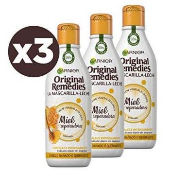 Garnier Original Remedies La Mascarilla - Leche Miel reparadora para pelo dañado y quebradizo - Pack de 3 x 250 ml