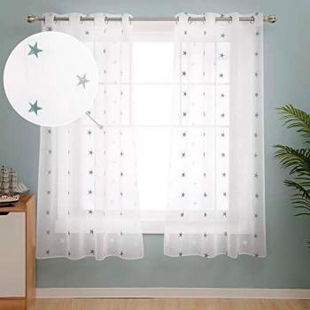 Deconovo Visillos para Ventanas Gasa Efecto Lino Cortina Transparente para Habitación Bebe Infantil 2 Paneles 140 x 180 cm Azul Verde