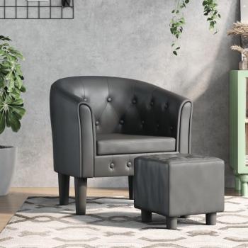Sillón con taburete de cuero sintético en color negro, gris y marrón - Sillón cómodo para dormitorio y sala de estar, ideal para relajarse