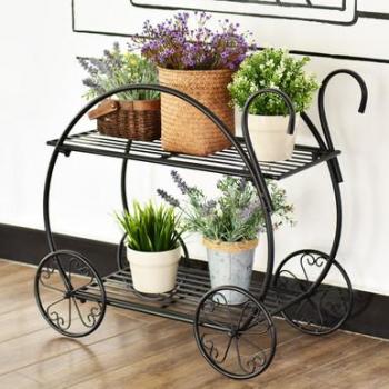 2-Tier Black Steel Plant Display Shelf for Indoor/Outdoor Use