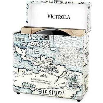 Caja de Almacenamiento Retro para Discos de Vinilo Victrola - Capacidad para 30+ Discos, Diseño de Mapa