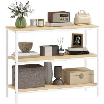 Mesa Consola Estrecha Moderna de Melamina y Metal con 3 Estantes Abiertos para Recibidor y Entrada en Color Natural y Blanco