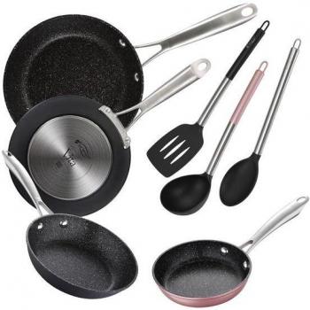 Pack de 4 sartenes en aluminio forjado + set de utensilios básicos de cocina - San Ignacio