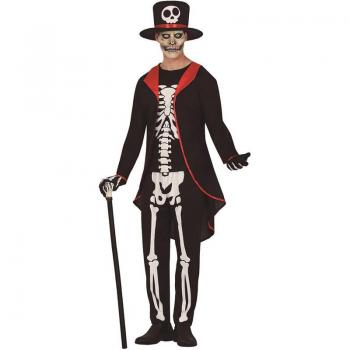Disfraz de Esqueleto Elegante para Hombre - Incluye traje completo con estampado de esqueleto, chaqueta negra con detalles en blanco, pantalones a juego, y accesorios como corbata o pajarita; ideal para