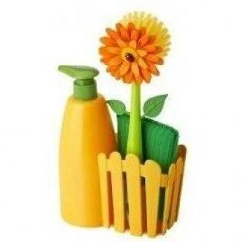 VIGAR Flower Power Set Fregadero con Dosificador de Jabón, Esponja y Cepillo Lavaplatos, Amarillo, Dimensiones: 14 x 7 x 26.5 cm