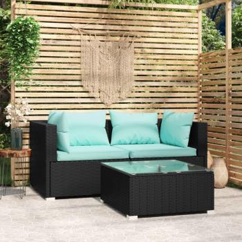 3-Piece Black Poly Rattan Garden Lounge Set with Cushions
