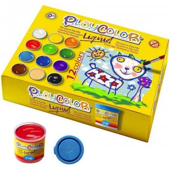 Playcolor Basic Set de Témpera Líquida, 12 Botes de 40 ml con Colores Surtidos y Pincel