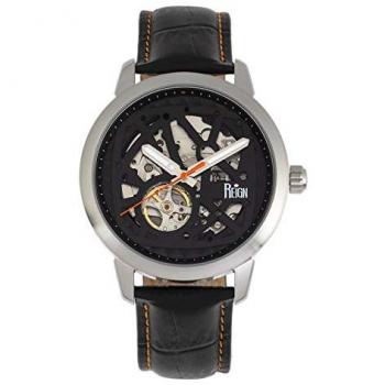 Reign Rudolf Automatic Skeleton Leather Watch - Orange & Silver, One Size