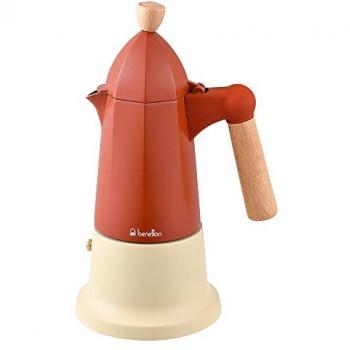 Cafetera Italiana de Aluminio Safari Benetton para 6 Tazas - Mango de Madera de Haya - Diseño Moderno y Fácil Limpieza