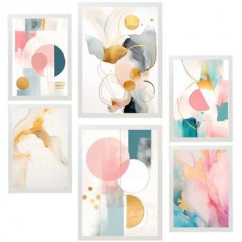 Set de 6 Pósters Abstractos Lila Fucsia Dorado Verde para Decoración de Paredes - Tamaño A3 y A4 Sin Marco