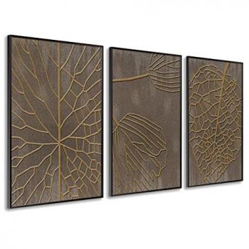 Set de Cuadros Modernos Decorativos Nature Hojas Secas 50x70 cm - 3 Piezas con Marco Negro Incluido