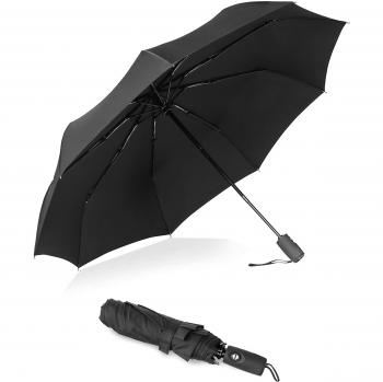 Eono Essentials - Paraguas de viaje compacto resistente al viento y revestido de teflón con cubierta reforzada, empuñadura ergonómica y sistema de apertura automático Negro