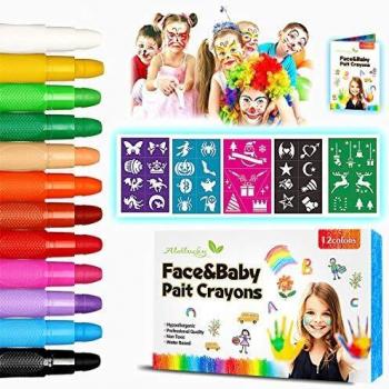 Pinturas Cara para Niños-Alotlucky 12 Colores Pinturas Faciales y Corporales, Pintura Facial no Tóxicos con y 5 Plantillas-Perfectos para Navidad,Fiestas Temáticas,Cosplay,Halloween