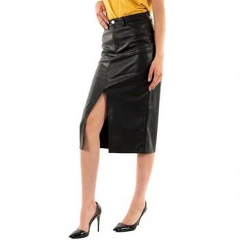 Kiri Faux Leather Black Midi Skirt with Slit, Regular Fit, Size S