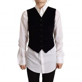 Dolce & Gabbana Black V-neck Leopard Corduroy Button Vest Top - IT40|S, Sleeveless Tops, female, Size: XS