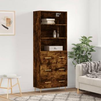 Aparador alto de madera contrachapada roble ahumado 69,5x34x180 cm con 3 cajones, mueble de almacenaje para salón, buffet y armario auxiliar