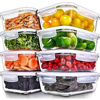 Recipientes para Alimentos [8 Pieza 1000 ml] -Recipientes de Cristal para Alimentos Hermético -Contenedores de Alimentos -Juego de Recipientes de Cristal Apto para Lavavajilla Microondas Congelador