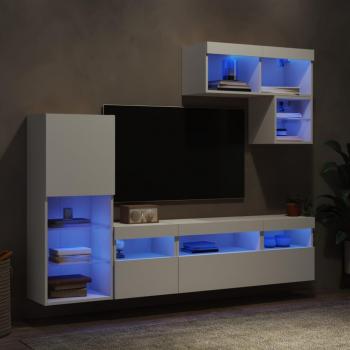 Muebles de TV de pared con LED 6 piezas en madera de ingeniería blanca