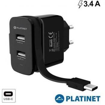 Cargador Universal de Coche Platinet 2x USB-A 3.4 A con Cable Tipo C, Negro