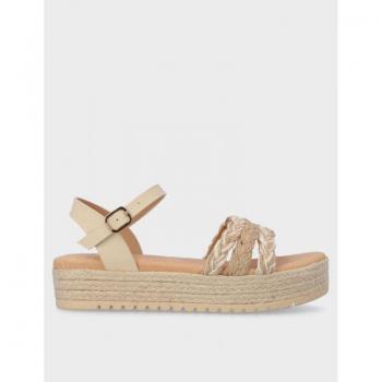 Sandalias Mustang Amelie Beige con Plataforma de Rafia y Tiras Trenzadas