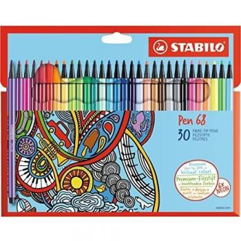 STABILO Pen 68 - Estuche de cartón con 30 marcadores de fibra, punta de 1 mm, colores surtidos