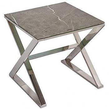 Mesa Auxiliar Ritz 55x55x55 cm - Acero Inoxidable Plateado con Top de Cristal Acabado Mármol Gris 8mm