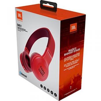 JBL E45BT - Auriculares supraaurales inalámbricos plegables, incluye cable de tela con mando universal de 1 botón, con micrófono integrado, rojo