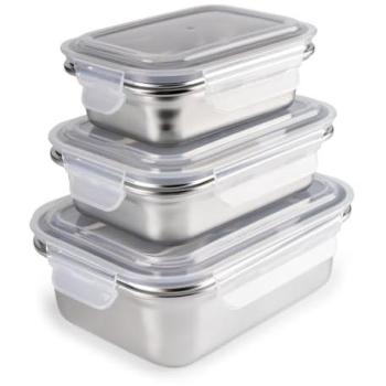 Lote de 3 Recipientes Rectangulares en Acero Inoxidable Apto para Microondas, Horno y Nevera (0.4L, 0.6L y 1.2L)