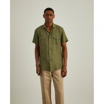Lion of Porches - Camisa de lino para hombre, corte slim, manga corta, color kaki oscuro con estampado liso