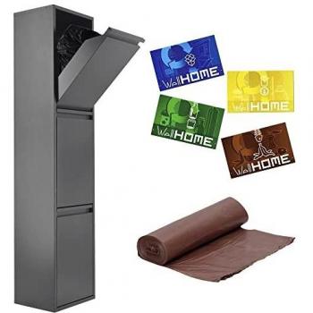 Sistema de organización de Basura y Reciclaje de Acero de 3 Cubos Multiusos, Antracita, CON Set de 4 etiquetas magnéticas en PVC full-color, Y Paquete 20 bolsas de basura 20L, con autocierre