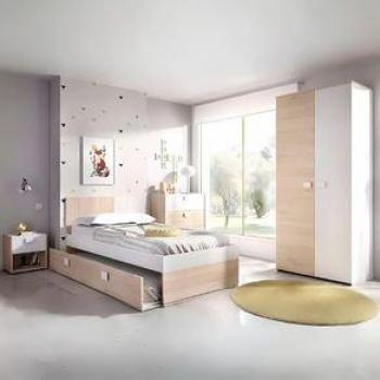 Conjunto De Dormitorio Dina Pack 6 en Blanco y Natural con Cama, Armario, Cómoda y Mesita de Noche