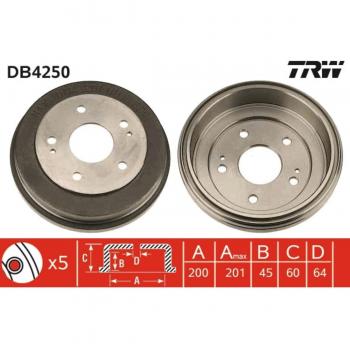 Tambor de freno TRW DB4250 con características de alta calidad, diseñado para un rendimiento óptimo en sistemas de frenos, fabricado por TRW Automotive AfterMarket