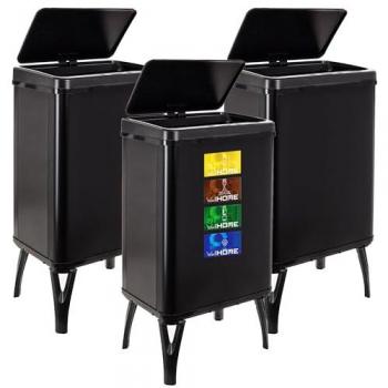 Wellhome - Cubos de Basura Inteligente de 40L - Negro - 3 unidades, dimensiones 35,5x26x71,5 cm, con etiquetas magnéticas y tecnología de sensor