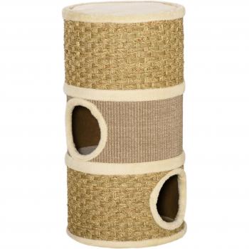 Rascador para Gatos PawHut Tonel de 3 Niveles con Barril de Rascado y Plataforma Cama Cómoda, Dimensiones: 37,5x37,5x70 cm, Color Marrón