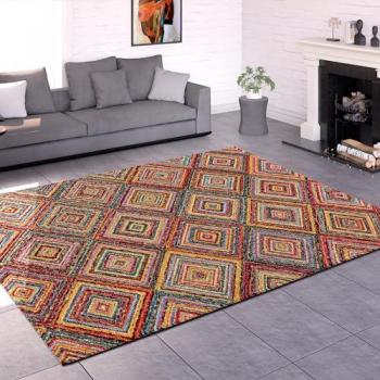 Alfombra de salón étnica dibujo geométrico moteado, pelo corto, tamaño 80x150 cm, color multicolor 2
