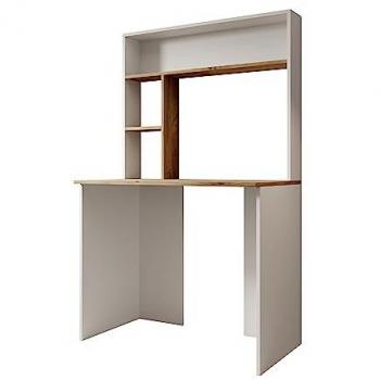 Escritorio Blanco con Estantería Modelo Pixel, Ancho 90cm, Mesa de Ordenador para Estudio, Oficina o Dormitorio, Tablero Color Pino y Estructura Blanco Mate