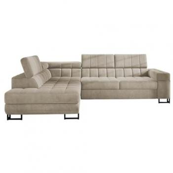 Sofá rinconero Comfivo 232 con función de descanso y caja de ropa de cama, 271x203x71cm, color marrón claro