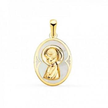 Virgen Niña Medalla Oro 18k Primera Comunión 19 mm. con detalles calados y fondo de nácar