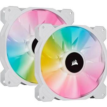 Corsair iCUE SP140 RGB ELITE 140mm PWM Set de dos ventiladores con iCUE Lighting Node CORE, Tecnología CORSAIR AirGuide, Ocho LED RGB direccionables, baja sonoridad de 18 dBA, hasta 1.200 RPM, Blanco